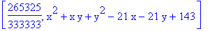 [265325/333333, x^2+x*y+y^2-21*x-21*y+143]